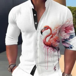 Clearance OUKU Men's Parrot Shirt Button Up Shirt Long Sleeve Fashion Streetwear Designer Outdoor Casual Daily Summer Spring Fall Stand Collar Print Yellow Pink Red Blue Green