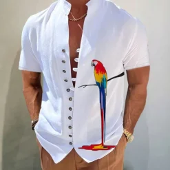 Hot OUKU Men's Parrot Shirt Button Up Shirt Short Sleeve Fashion Streetwear Designer Outdoor Casual Daily Spring & Summer Stand Collar Print White Pink Blue Gray