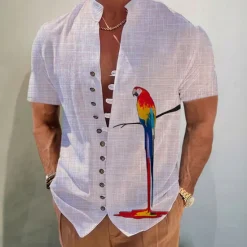 Hot OUKU Men's Parrot Shirt Button Up Shirt Short Sleeve Fashion Streetwear Designer Outdoor Casual Daily Spring & Summer Stand Collar Print White Pink Blue Gray