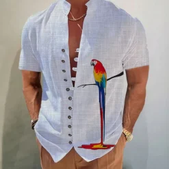 Hot OUKU Men's Parrot Shirt Button Up Shirt Short Sleeve Fashion Streetwear Designer Outdoor Casual Daily Spring & Summer Stand Collar Print White Pink Blue Gray