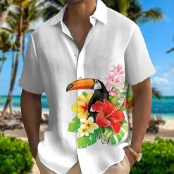 Best OUKU Men's Parrot Shirt Summer Hawaiian Shirt Aloha Shirt Short Sleeves Shirt Turndown Fashion Designer Casual Outdoor Street Casual Pink Red Purple S M L