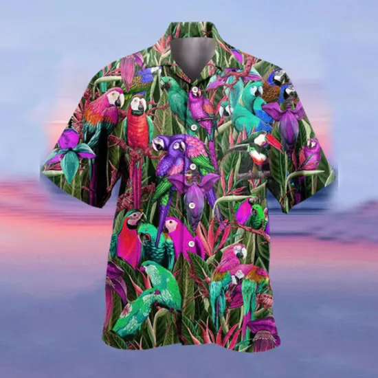 Online OUKU Men's Parrot Shirt Summer Hawaiian Shirt Camp Collar Shirt Short Sleeve Shirt Turndown Hawaiian Designer Casual Outdoor Street Casual Yellow Light Green Pink 3D Print S M L