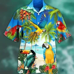 Online OUKU Men's Parrot Shirt Summer Hawaiian Shirt Camp Collar Shirt Short Sleeve Shirt Turndown Hawaiian Designer Casual Outdoor Street Casual Yellow Light Green Pink 3D Print S M L