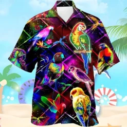 Best OUKU Men's Parrot Summer Hawaiian Shirt Aloha Shirt Short Sleeve Shirt Cuban Collar Vacation Artistic Rock Outdoor Vacation Hawaiian Red Purple S M L