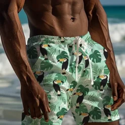 Outlet OUKU Men's Parrot Tropical Plants Swim Trunks Swim Shorts Board Shorts Mid Waist Vacation Hawaiian Holiday Vacation Holiday Beach Drawstring with Mesh lining Elastic Waist Designer Clothing Apparel