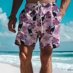 Outlet OUKU Men's Parrot Tropical Plants Swim Trunks Swim Shorts Board Shorts Mid Waist Vacation Hawaiian Holiday Vacation Holiday Beach Drawstring with Mesh lining Elastic Waist Designer Clothing Apparel