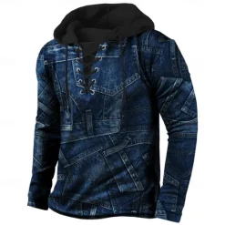 Hot OUKU Men's Patchwork Hoodie Sweatshirt Stylish Vintage Retro Hooded Streetwear Blue Black 2 Drawstring Fall Winter Designer