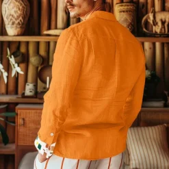 New OUKU Men's Patchwork Shirt Linen Shirt Summer Shirt Long Sleeve Basic Casual Beach Street Holiday Daily Wear Summer Fold-over Collar Orange