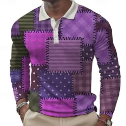 OUKU Men's Patchwork Waffle Polo Shirts Golf Shirt Long Sleeve Polo Shirts Collared Shirts Casual Party Evening Wear Dailywear Outdoor clothing Buttons 3D Print Spring Fall Winter Yellow Blue Purple