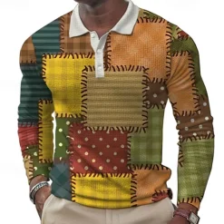 OUKU Men's Patchwork Waffle Polo Shirts Golf Shirt Long Sleeve Polo Shirts Collared Shirts Casual Party Evening Wear Dailywear Outdoor clothing Buttons 3D Print Spring Fall Winter Yellow Blue Purple