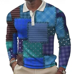 OUKU Men's Patchwork Waffle Polo Shirts Golf Shirt Long Sleeve Polo Shirts Collared Shirts Casual Party Evening Wear Dailywear Outdoor clothing Buttons 3D Print Spring Fall Winter Yellow Blue Purple