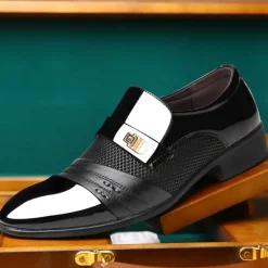 Online OUKU Men's Patent Faux Leather Dress Loafers – Formal Slip-On Shoes with Mesh Accents and Stylish Metal Buckle for Weddings and Business