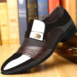Online OUKU Men's Patent Faux Leather Dress Loafers – Formal Slip-On Shoes with Mesh Accents and Stylish Metal Buckle for Weddings and Business
