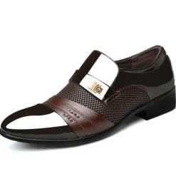 Online OUKU Men's Patent Faux Leather Dress Loafers – Formal Slip-On Shoes with Mesh Accents and Stylish Metal Buckle for Weddings and Business
