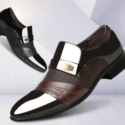 Online OUKU Men's Patent Faux Leather Dress Loafers – Formal Slip-On Shoes with Mesh Accents and Stylish Metal Buckle for Weddings and Business