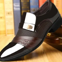 Online OUKU Men's Patent Faux Leather Dress Loafers – Formal Slip-On Shoes with Mesh Accents and Stylish Metal Buckle for Weddings and Business