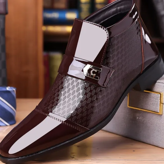 OUKU Men's Patent Leather Ankle Boots – Sleek Formal Design with Buckle Detail for Weddings, Parties, and Business Wear