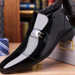OUKU Men's Patent Leather Ankle Boots – Sleek Formal Design with Buckle Detail for Weddings, Parties, and Business Wear