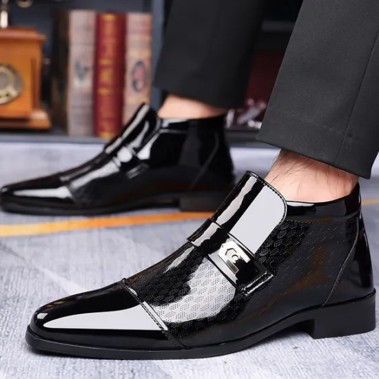 OUKU Men's Patent Leather Ankle Boots – Sleek Formal Design with Buckle Detail for Weddings, Parties, and Business Wear