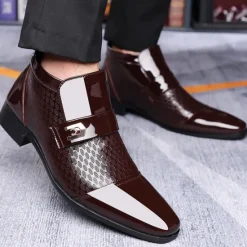 OUKU Men's Patent Leather Ankle Boots – Sleek Formal Design with Buckle Detail for Weddings, Parties, and Business Wear