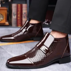 OUKU Men's Patent Leather Ankle Boots – Sleek Formal Design with Buckle Detail for Weddings, Parties, and Business Wear