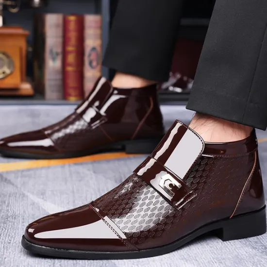 OUKU Men's Patent Leather Ankle Boots – Sleek Formal Design with Buckle Detail for Weddings, Parties, and Business Wear