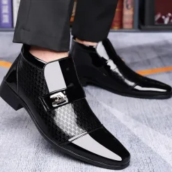 OUKU Men's Patent Leather Ankle Boots – Sleek Formal Design with Buckle Detail for Weddings, Parties, and Business Wear