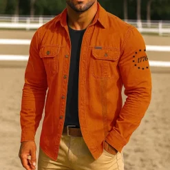 Outlet OUKU Men's Patriotic 1776 Work Shirt Western Shirt Cargo Shirt Long Sleeve Tactical Vintage Retro Sports Outdoor WorkWear Spring Fall Turndown Front Two Pockets Button Up Shirts Black Red Blue Orange Khaki