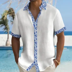 OUKU Men's Pattern Beach Shirt Button Up Shirt Short Sleeve Hawaiian Casual Vacation Daily Summer Spring Turndown Collared Shirts Button Up 3D Print White