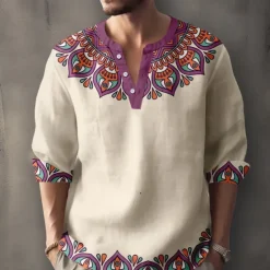 Sale OUKU Men's Pattern Ethnic Shirt Button Up Shirt Long Sleeve Casual Tribal Daily Holiday Summer Spring Fall Stand Collar Print Beige