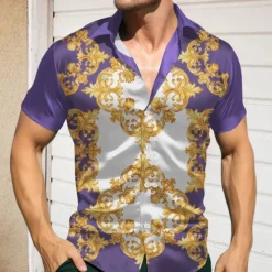 OUKU Men's Pattern Shirt Button Up Shirt Short Sleeve Casual Holiday Summer Spring Turndown Print Blue Purple Green Drak Red
