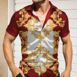 OUKU Men's Pattern Shirt Button Up Shirt Short Sleeve Casual Holiday Summer Spring Turndown Print Blue Purple Green Drak Red