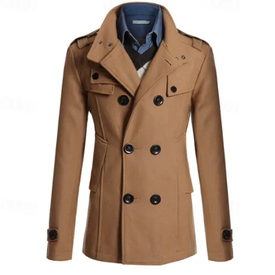 Discount OUKU Men's Peacoat Trench Coat Daily Vacation Fall & Winter Polyester Thermal Warm Outerwear Clothing Apparel Fashion Classic Plain Pocket Stand Collar Double Breasted