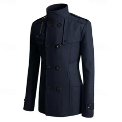 Discount OUKU Men's Peacoat Trench Coat Daily Vacation Fall & Winter Polyester Thermal Warm Outerwear Clothing Apparel Fashion Classic Plain Pocket Stand Collar Double Breasted
