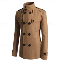 Discount OUKU Men's Peacoat Trench Coat Daily Vacation Fall & Winter Polyester Thermal Warm Outerwear Clothing Apparel Fashion Classic Plain Pocket Stand Collar Double Breasted