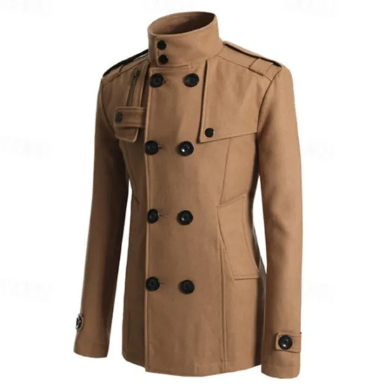Discount OUKU Men's Peacoat Trench Coat Daily Vacation Fall & Winter Polyester Thermal Warm Outerwear Clothing Apparel Fashion Classic Plain Pocket Stand Collar Double Breasted