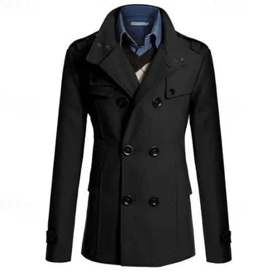 Discount OUKU Men's Peacoat Trench Coat Daily Vacation Fall & Winter Polyester Thermal Warm Outerwear Clothing Apparel Fashion Classic Plain Pocket Stand Collar Double Breasted
