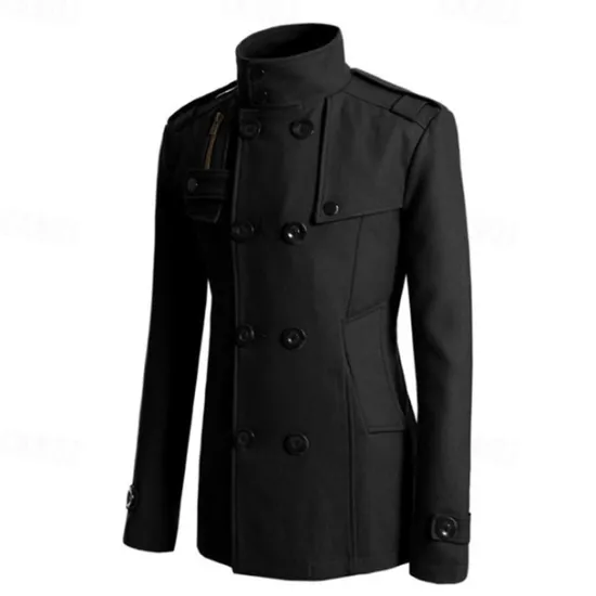 Discount OUKU Men's Peacoat Trench Coat Daily Vacation Fall & Winter Polyester Thermal Warm Outerwear Clothing Apparel Fashion Classic Plain Pocket Stand Collar Double Breasted