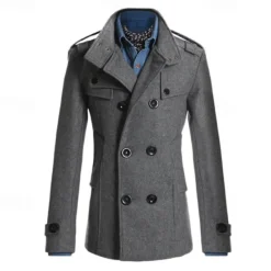 Discount OUKU Men's Peacoat Trench Coat Daily Vacation Fall & Winter Polyester Thermal Warm Outerwear Clothing Apparel Fashion Classic Plain Pocket Stand Collar Double Breasted