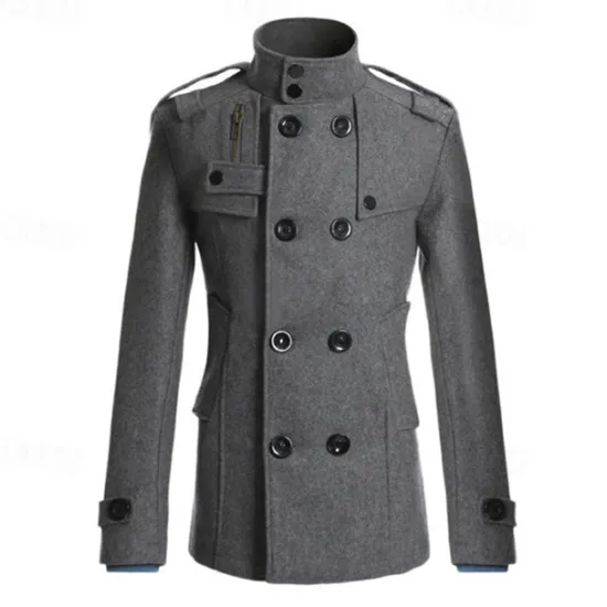 Discount OUKU Men's Peacoat Trench Coat Daily Vacation Fall & Winter Polyester Thermal Warm Outerwear Clothing Apparel Fashion Classic Plain Pocket Stand Collar Double Breasted