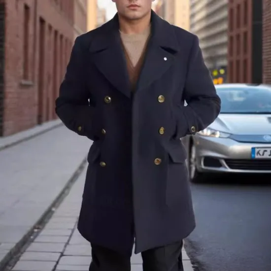 Hot OUKU Men's Peacoat Trench Coat Daily Vacation Fall & Winter Polyester Thermal Warm Outerwear Clothing Apparel Fashion Classic Plain Pocket Lapel Double Breasted