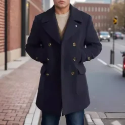 Hot OUKU Men's Peacoat Trench Coat Daily Vacation Fall & Winter Polyester Thermal Warm Outerwear Clothing Apparel Fashion Classic Plain Pocket Lapel Double Breasted