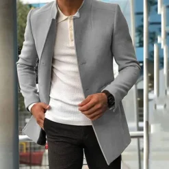 Best OUKU Men's Peacoat Trench Coat Daily Vacation Fall & Winter Polyester Thermal Warm Outerwear Clothing Apparel Fashion Classic Plain Pocket Stand Collar Single Breasted
