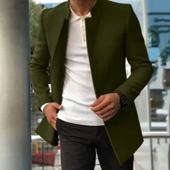 Best OUKU Men's Peacoat Trench Coat Daily Vacation Fall & Winter Polyester Thermal Warm Outerwear Clothing Apparel Fashion Classic Plain Pocket Stand Collar Single Breasted