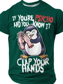 Hot OUKU Men's Penguin Blood stains T Shirt Polyester Short Sleeve Graphic Shirt Black Purple Green Comfortable Tee Party Street Fashion Designer Clothing