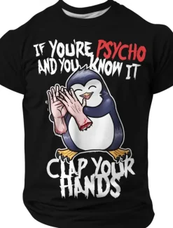 Hot OUKU Men's Penguin Blood stains T Shirt Polyester Short Sleeve Graphic Shirt Black Purple Green Comfortable Tee Party Street Fashion Designer Clothing
