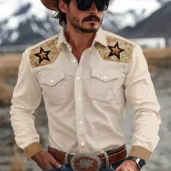 New OUKU Men's Pentagram Western Shirt Cowboy Shirt Long Sleeve Western Sport Spring Fall Turndown Patchwork White Brown Green