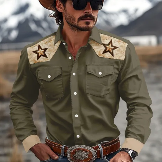 New OUKU Men's Pentagram Western Shirt Cowboy Shirt Long Sleeve Western Sport Spring Fall Turndown Patchwork White Brown Green