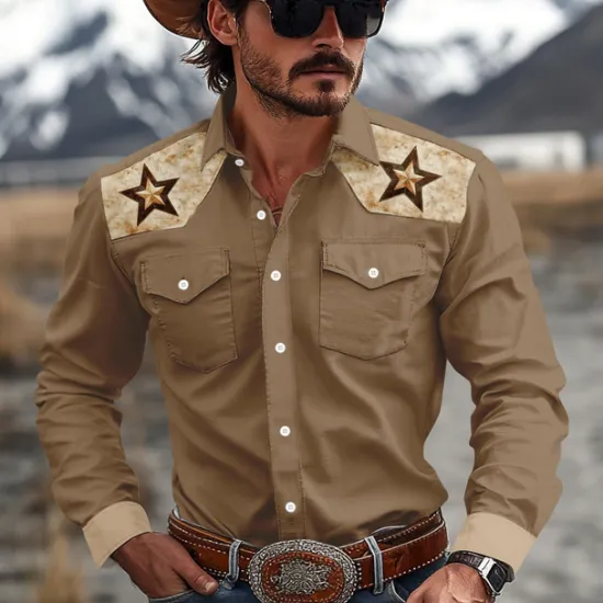 New OUKU Men's Pentagram Western Shirt Cowboy Shirt Long Sleeve Western Sport Spring Fall Turndown Patchwork White Brown Green
