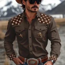 Best OUKU Men's Pentagram Western Shirt Cowboy Shirt Long Sleeve Western Sport Spring Fall Turndown Patchwork Dark Brown Brown